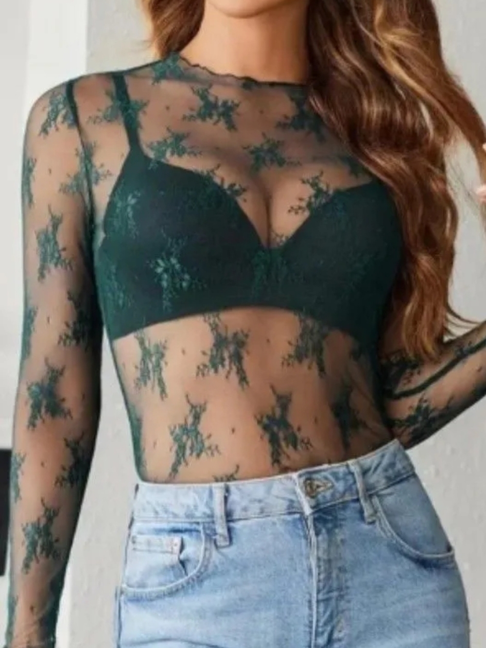 Lace Mesh Sheer Top - Dark Green - New In Package